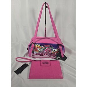 NWT Ed Hardy Pink Tattoo Print Handbag and Embossed Wallet Set Vegan Y2K Rocker